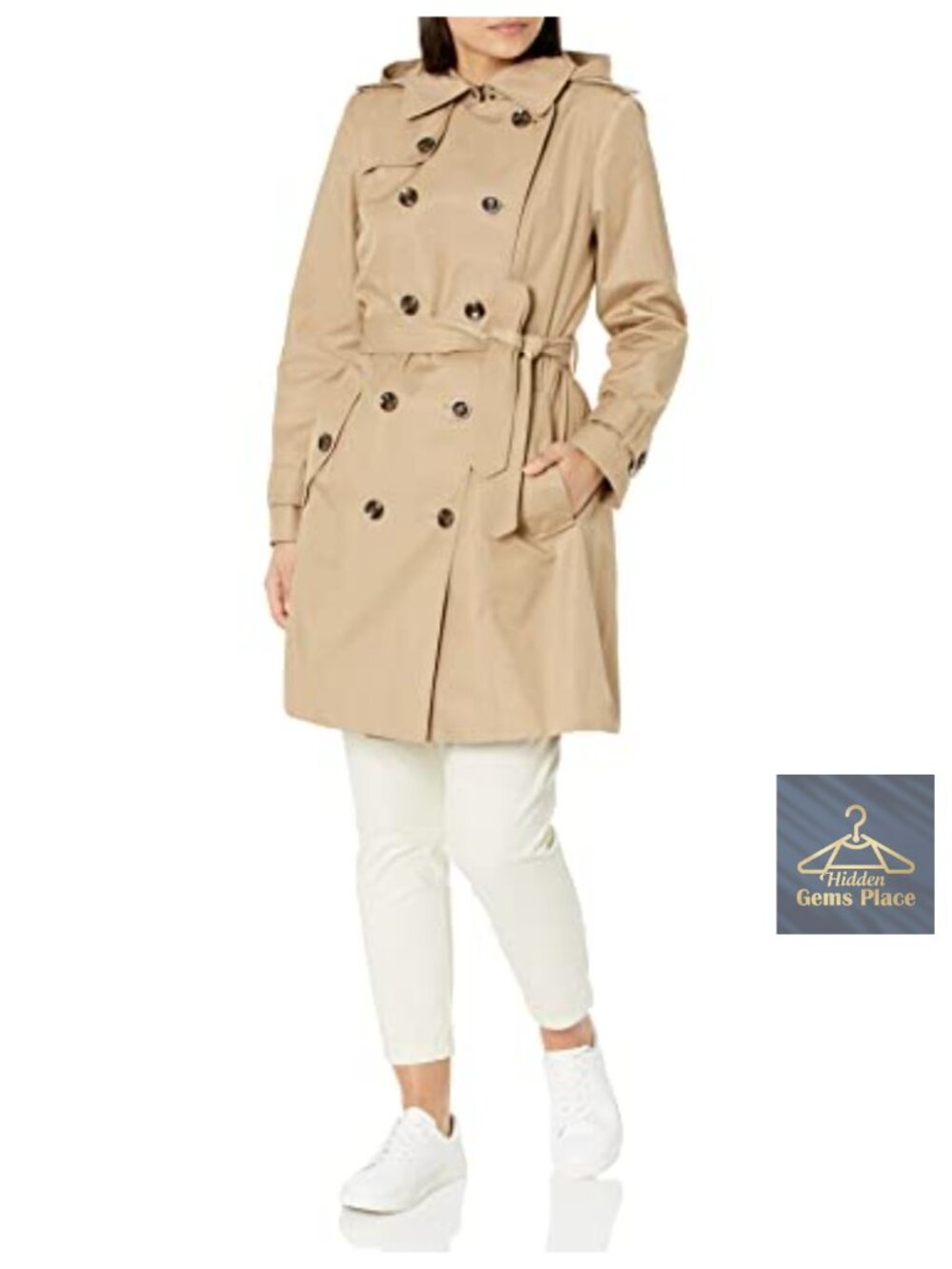 Women's Double Breasted Trench Coat with Belt, Removable Hood, 36" Length